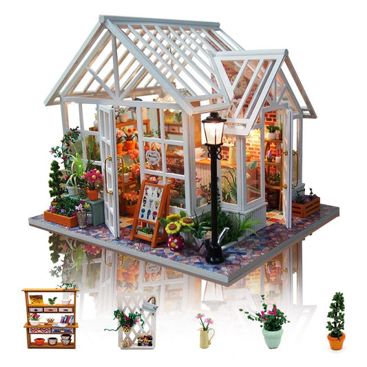 GuDoQi DIY Dollhouse Miniature Kit, 3D Wooden Dollhouse Kit with Furniture and Music and LED Light, Craft Miniature Model Kits for Women and Collectors, Beautiful Flower Shop
