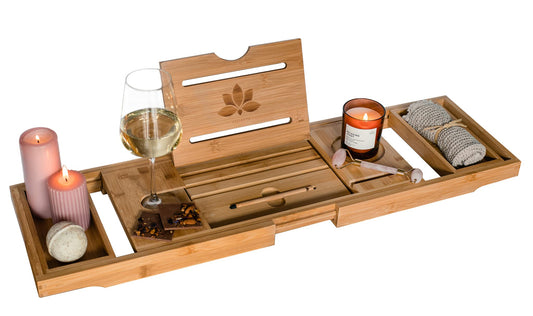 VELIATTE Extendable Wood Bathtub Tray 27.5-41.5 x 9 x 1.6 inches - Bamboo Bathtub Caddy with Stand and Slot for Tablets and Phones - Wine Glass Holder for Bath - Bath Table - Tablet Holder for Bathtub