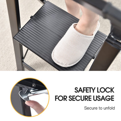 KINGRACK 2-Step Aluminum Ladder, Foldable Step Ladder with Handrail, Non-Slip Household Ladder with Folding Lock, Load Capacity up to 150 kg, for Home, Office, Garden, Black