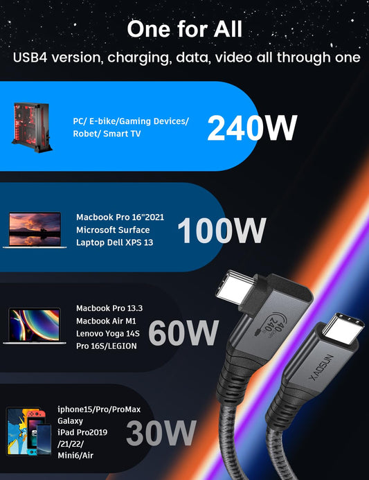XAOSUN 240W USB4 for Thunderbolt 4 Cable Angle 1.8M, 40Gbps PD3.1 Thunderbolt Cable 90 Degrees, 8K@60Hz & 4K@120Hz, USB Charging Cable Angle Plug for iPhone 17/16/15 Pro/Max, Laptop, Monitor, PC