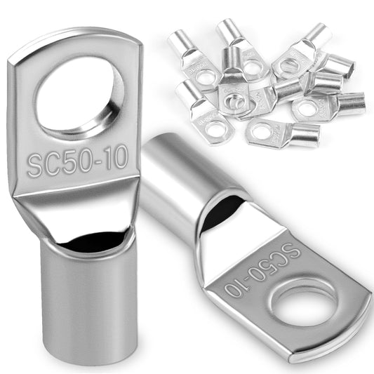 10 pieces Cable Lug 50mm² Tubular Cable Lug M10 Ring Cable Lug Thickened Copper Non-insulated SC Cable Lugs