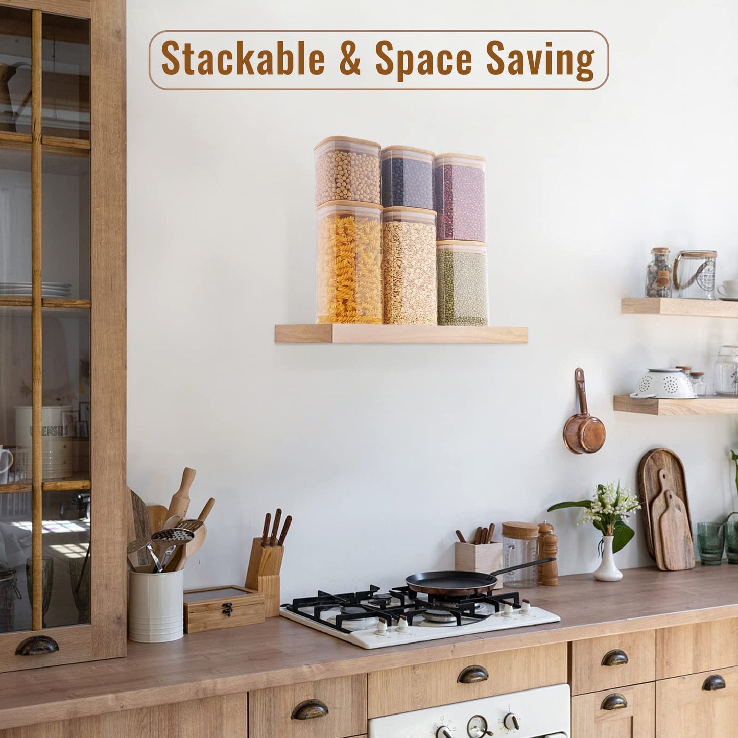Without Stock Jars Glass 6-pack, 750ml/1150ml/1500ml Storage Jars with Lid Square, Large Glass Container Storage Jar with Wooden Lid, Storage Jars Kitchen for Pasta, Cereals, Beans, Cornflakes