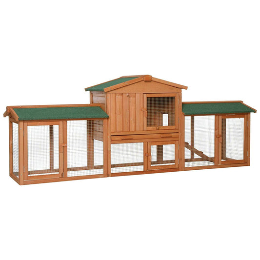 Wooden two-story rabbit hutch with ramp, 212x52x85 cm, water-resistant bitumen roof & wire mesh, winterproof outdoor rabbit hutch with 4 entrances & removable drawer.