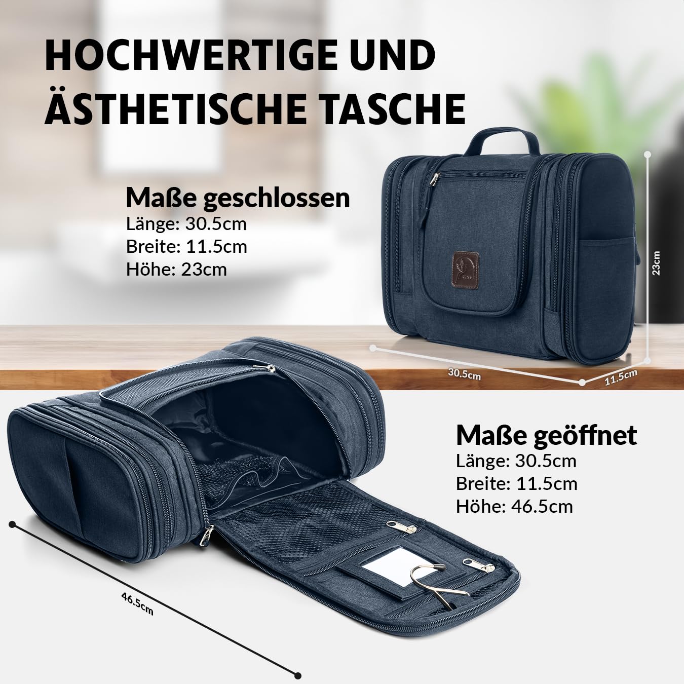Obics culture bag for men & women big blue 8L XL - toiletry bag for hanging & with mirror - cosmetic bag with handle hanging - large beauty case - wash bag with 10 compartments for camping trips