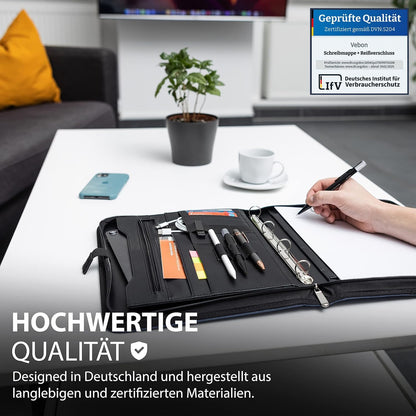 Vebon® A4 Berlin Ringbinder Folder I Zipper + Clipboard I Conference Folder + Laptop Bag I Extra Storage I Green I Faux Leather