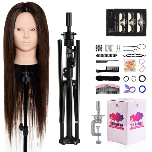 Neverland training head with stand - 71cm, 60% real hair. Perfect for practicing hairstyling and makeup. Comes with table clamp and DIY braid hair set.