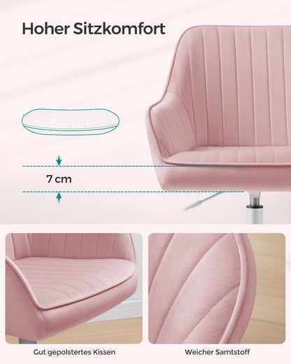 SONGMICS Office Chair, Swivel Chair with Velvet Cover, Foam Padding, Height Adjustable, for Home Office, Bar, Pastel Pink OBG012R01