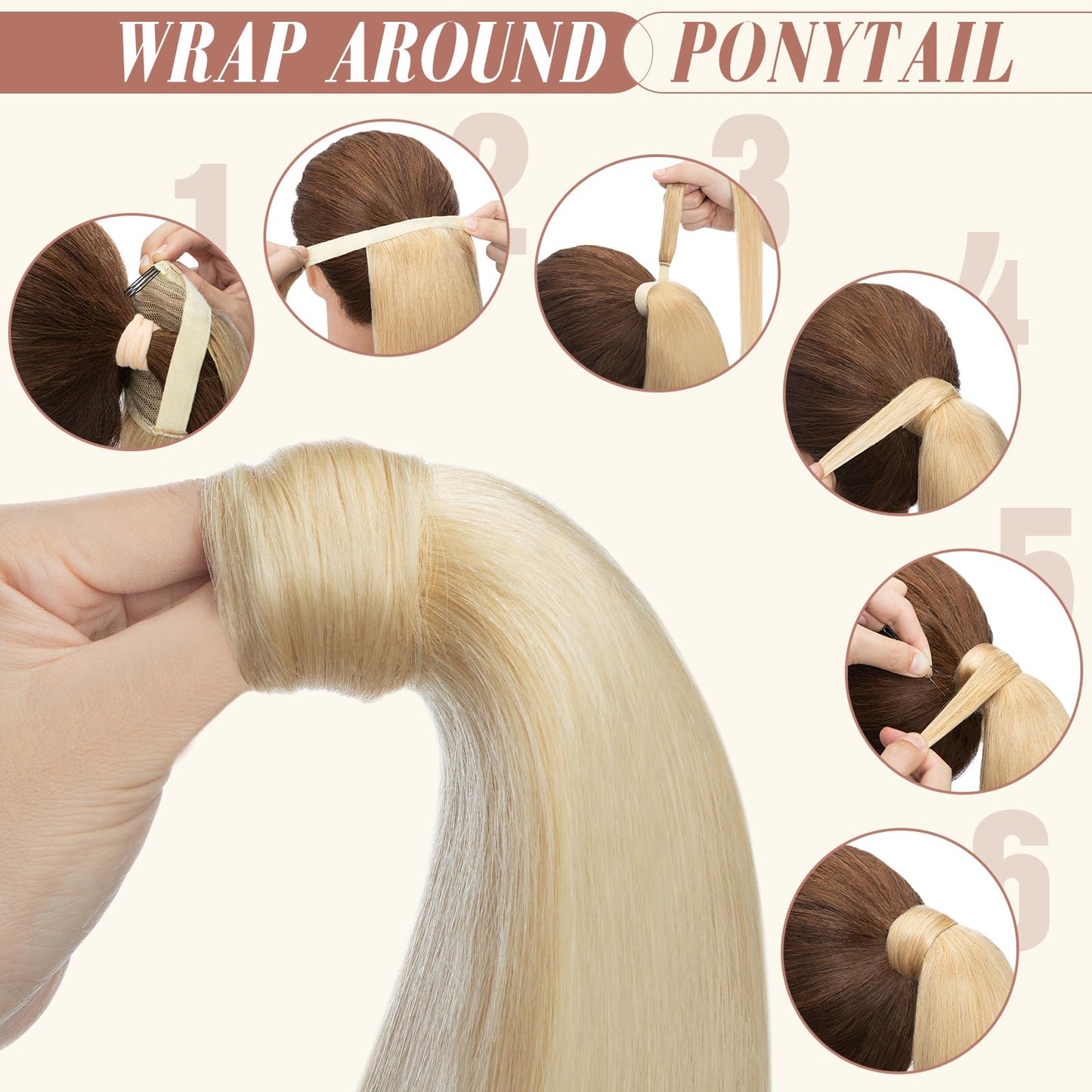 Elite Ponytail Hairpiece Extensions 100% Real Hair Hair Extension Women Clip in Ponytail Extension Blonde Black Straight 40cm 80g #613 Bleached Blonde