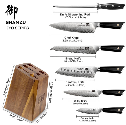 SHAN ZU Damascus Steel Knife Block with 7-piece Kitchen Knife Set made of Japanese 10Cr15CoMoV premium steel, Professional Kitchen Knife with G10 Handle - GYO Series