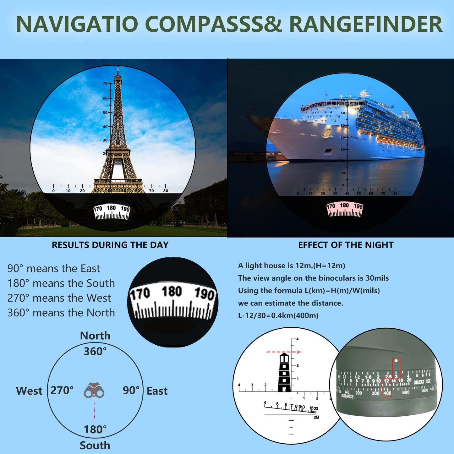 10x50 Marine Binoculars with night vision rangefinder and compass, perfect for water sports enthusiasts and hobby sailors. Includes carrying case, dust caps, and neck strap.