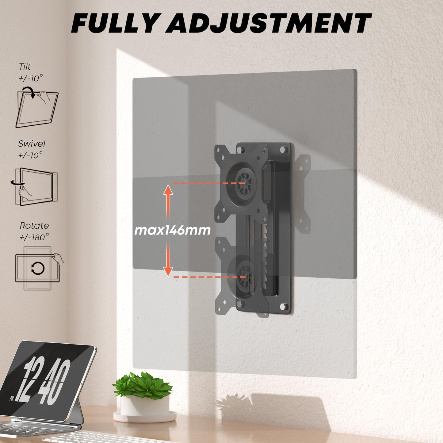 Height adjustable monitor wall mount for 1 monitor, suitable for 13-35 inch screens. Ultra-slim PC monitor holder, swivel and tilt, with VESA 75x75/100x100mm, supports up to 10kg.