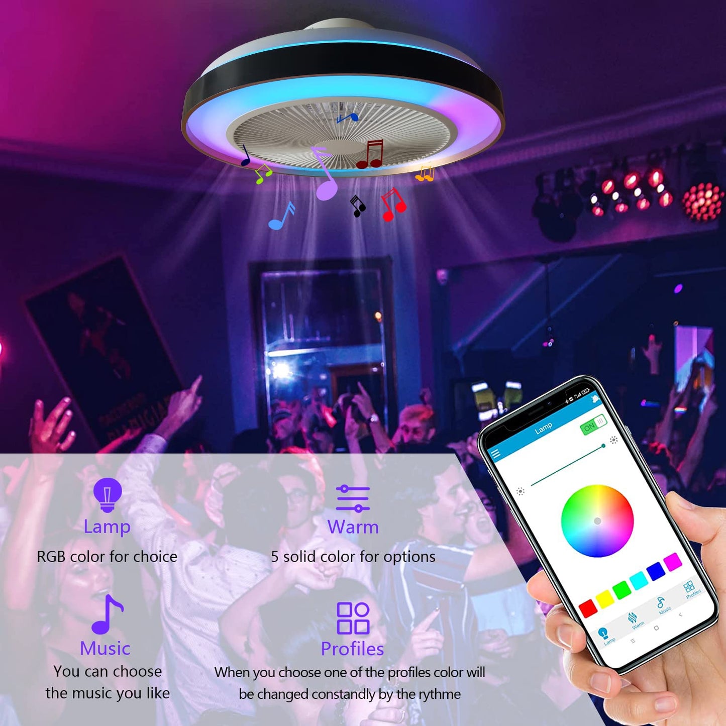 LED RGB ceiling light with fan Silent ceiling fan with lighting and remote control Dimmable Bluetooth speaker music fan lamp Modern ceiling lamp for bedroom living room fan 🙂