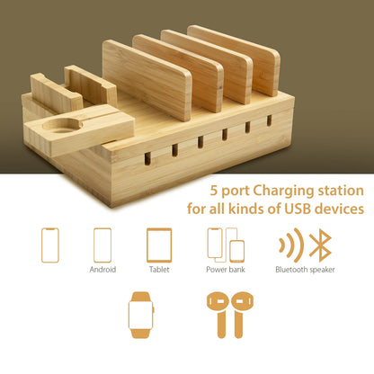TechDot Bamboo Charging Station Multiple Devices 5 Port USB Multi Charging Station Bamboo for Phones Smartphones Tablets Wood Charging Station