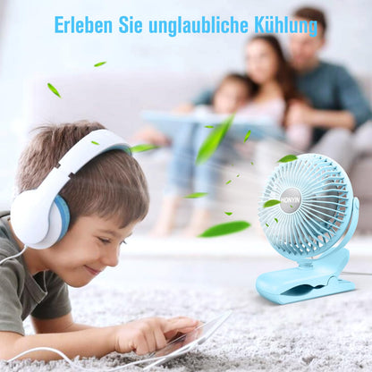 HONYIN Mini Fan with Clip, 720 Degree Rotation Small USB Fan, Strong + Stable Clamp, 3 Speed Levels, Ideal as Desk Fan in Office and Bedroom.
