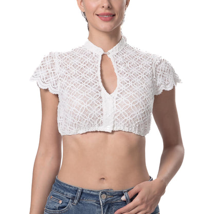 Dirndl party blouse with buttons, traditional white blouse for women with lace and short sleeves. Elastic cream dirndl blouse with button closure for Oktoberfest, size 36.