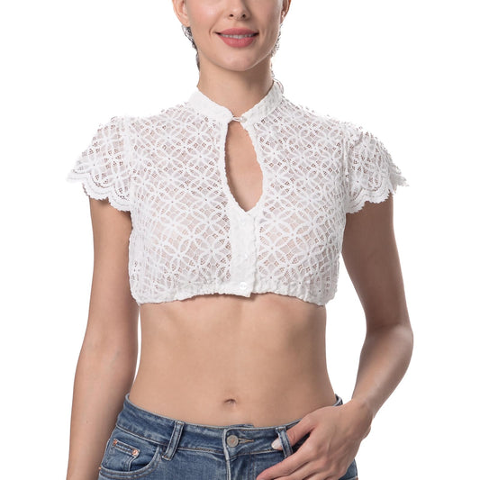 Dirndl party blouse with buttons, traditional white blouse for women with lace and short sleeves. Elastic cream dirndl blouse with button closure for Oktoberfest, size 36.