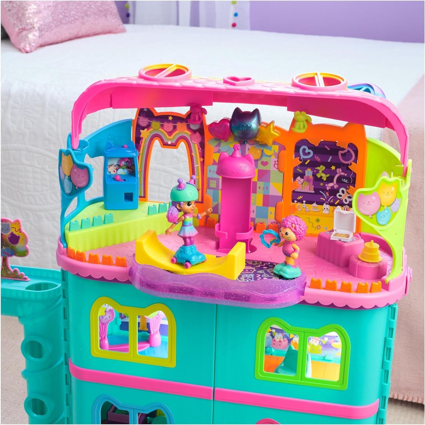 Gabby's Dollhouse, Party Room Playset, Skate Park Attic Room with Gabby and Marty figure, furniture, and accessories, for ages 3 and up.