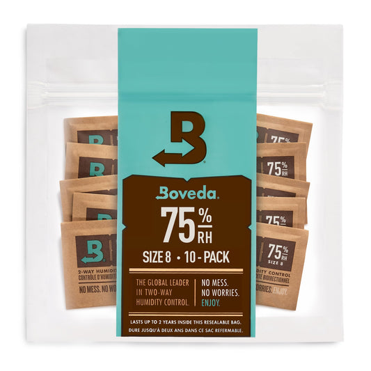 Boveda for cigars/tobacco | 2-way moisture regulation at 75% Relative Humidity | Size 8 protects up to 5 cigars | patented technology for cigar humidors | resealable packaging of 10 pieces