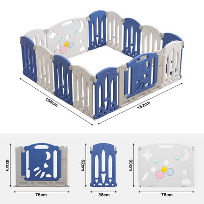 Foldable baby playpen, play yard with door and toy board, 12 panel blue+white baby gate, plastic playpen (12 pieces)