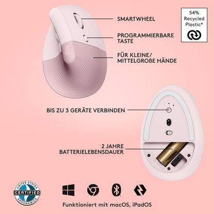Logitech Lift Vertical Ergonomic Mouse, Wireless, Bluetooth or Logi Bolt USB receiver, Quiet clicks, 4 buttons, Compatible with Windows/macOS/iPadOS, Laptop, PC - Pink