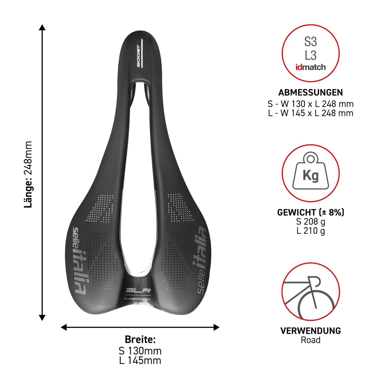 Selle Italia SLR Boost TM Superflow - Bicycle saddle with classic SLR design, comfortable gel road bike saddle and Superflow cutout, carbon fiber shell, 2.48L x 1.3W m