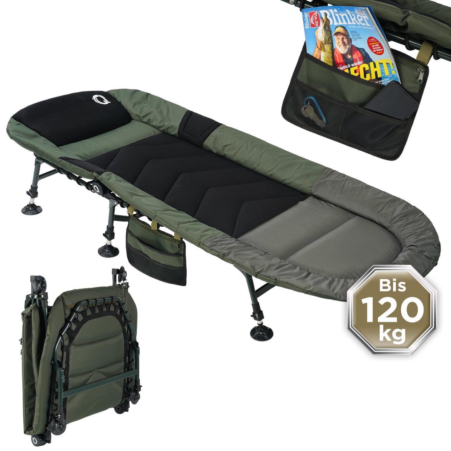 Q-Tac Carp Bed [Stable, Comfortable & Easy to Clean] - Fishing bed with extra-large mud feet, camp bed, carp fishing bed, camping bed