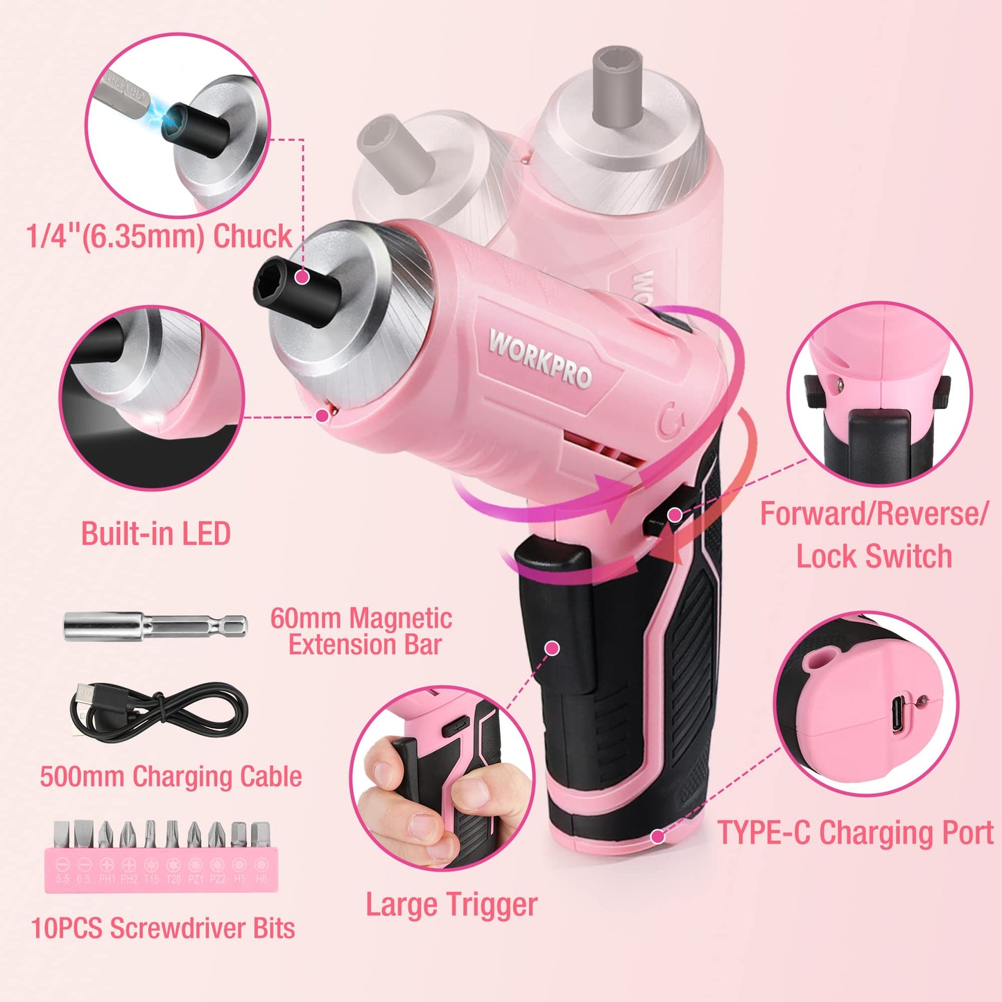 WORKPRO 18-piece pink tool set with USB C cordless screwdriver, small pink toolbox filled with household essentials, tool kit for DIY enthusiasts, children, crafting.