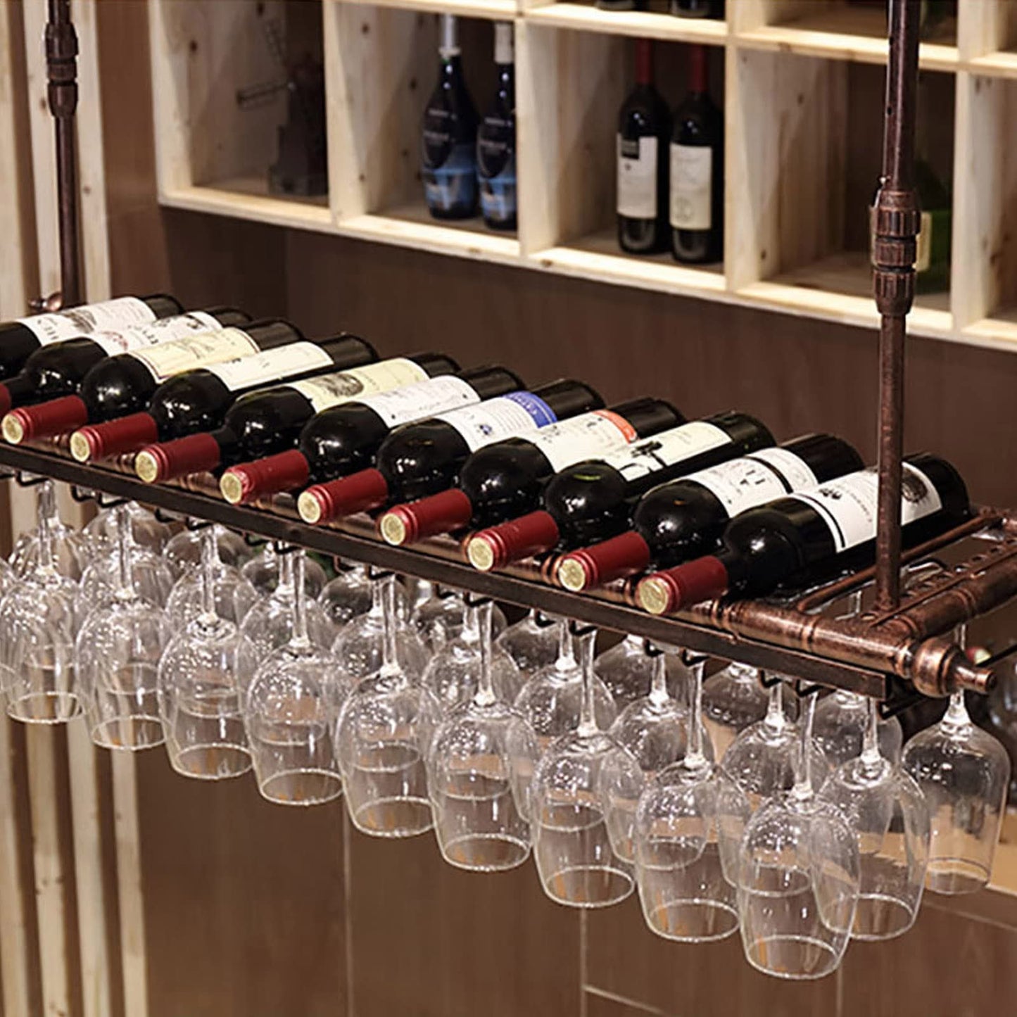 Ceiling wine rack, height and width adjustable hanging wine rack, inverted wine glass decoration shelf, free space on the desk, suitable for bar wine cellar kitchen (bronze, 120×30cm)