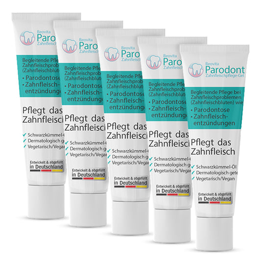 Parodont gum care gel 5 x 10ml - Antibacterial & anti-inflammatory - Vegan, with black cumin, reduces gum bleeding - Suitable for pregnant women & children - Dermatologically tested.