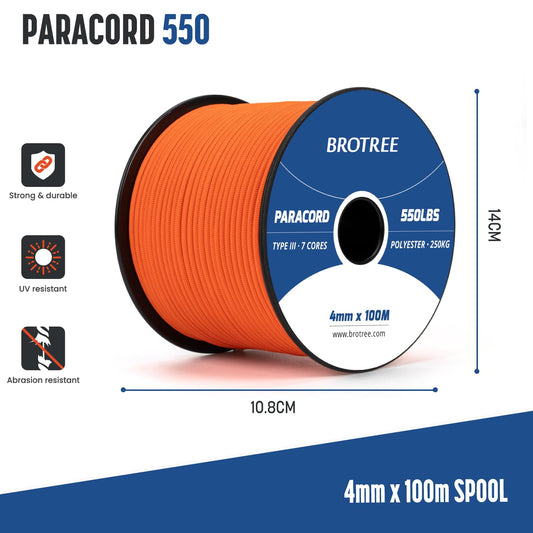Brotree 550 Paracord 4mm 100m Cord 100% Polyester Rope Strong Type III 7 Strand for Bracelets, Crafting, Outdoor, Camping, Survival - Orange