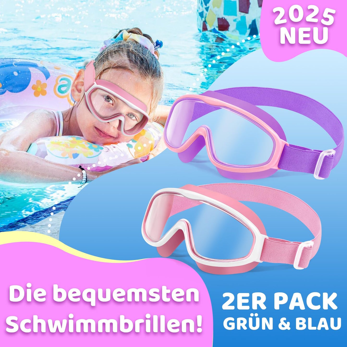 Vvinca Kids Swim Goggles with Comfort Fabric Strap Wide Angle Anti-Fog/UV Protection Waterproof Swim Goggles for 3-14 years