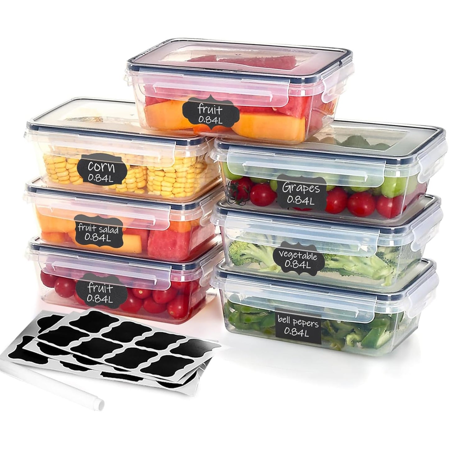 Goldeluxe 7 x 840 ml plastic storage containers with lids in medium size, freezer-safe, food boxes, BPA-free and 100% airtight, transparent, meal prep boxes.