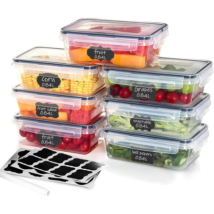 Goldeluxe 7 x 840 ml plastic storage containers with lids in medium size, freezer-safe, food boxes, BPA-free and 100% airtight, transparent, meal prep boxes.