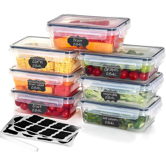 Goldeluxe 7 x 840 ml plastic storage containers with lids in medium size, freezer-safe, food boxes, BPA-free and 100% airtight, transparent, meal prep boxes.