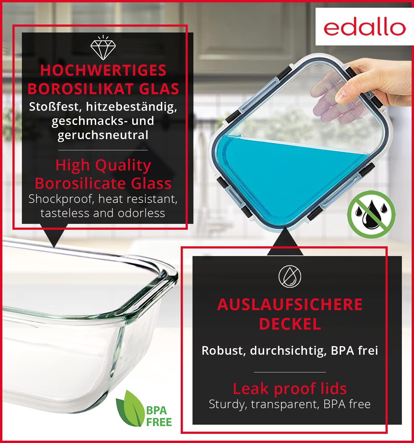edallo - 3 large premium glass food storage containers with strong leak-proof lids. Dishwasher, oven, freezer, and microwave safe. Meal prep containers. Set: 3x1 liter.