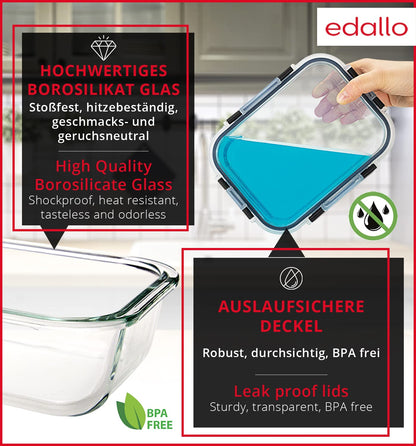 edallo - 3 large premium glass food storage containers with strong leak-proof lids. Dishwasher, oven, freezer, and microwave safe. Meal prep containers. Set: 3x1 liter.