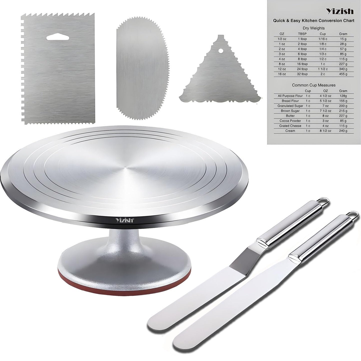 Rotating Cake Stand Aluminum Alloy, Yizish 12-inch Rotating Cake Stand, Cake Decorating Turntable with 2 Icing Spatulas and 3 Dough Scrapers Stainless Steel for Baking, Pastry, and Mother's Day.