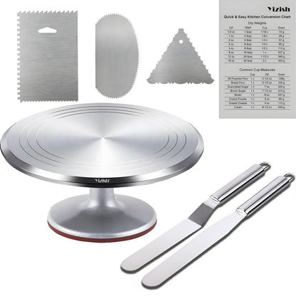 Rotating Cake Stand Aluminum Alloy, Yizish 12-inch Rotating Cake Stand, Cake Decorating Turntable with 2 Icing Spatulas and 3 Dough Scrapers Stainless Steel for Baking, Pastry, and Mother's Day.