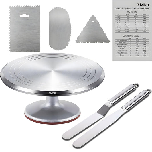 Rotating Cake Stand Aluminum Alloy, Yizish 12-inch Rotating Cake Stand, Cake Decorating Turntable with 2 Icing Spatulas and 3 Dough Scrapers Stainless Steel for Baking, Pastry, and Mother's Day.