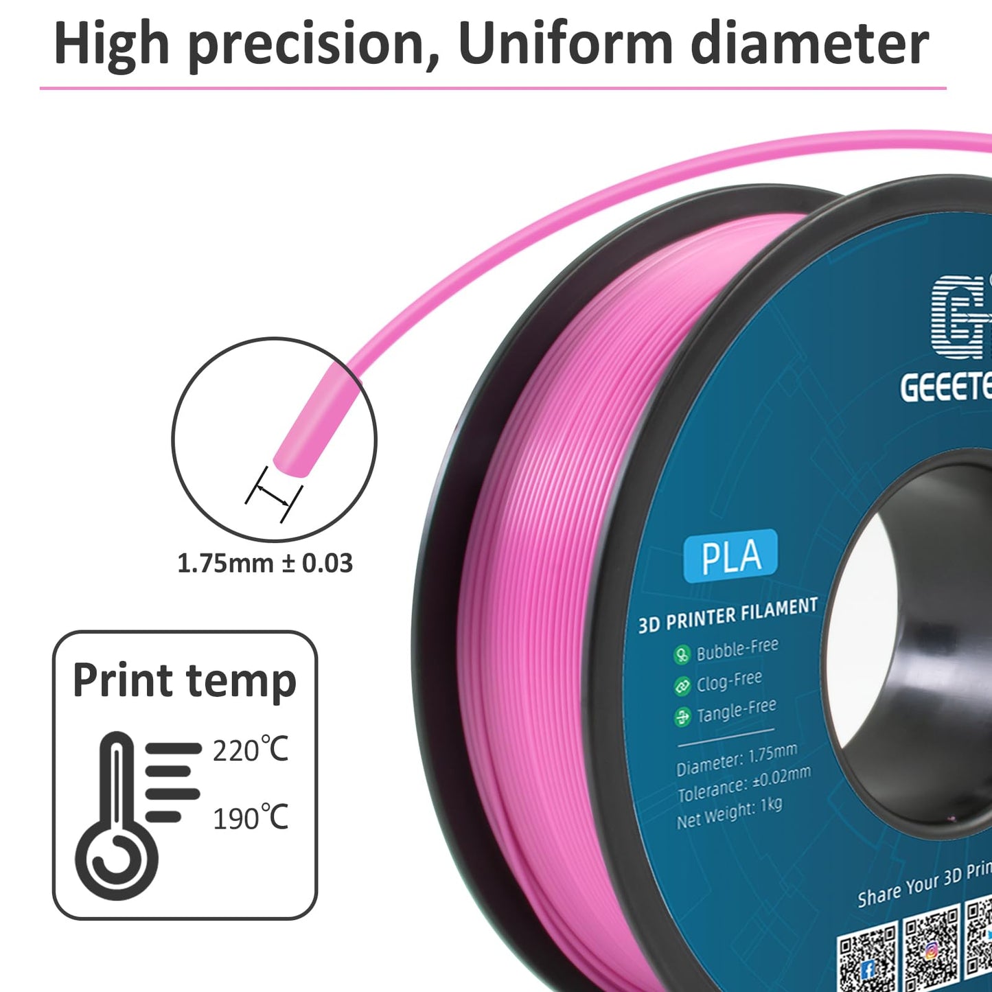 GEEETECH PLA filament 1.75mm Pink, 3d printer PLA filament