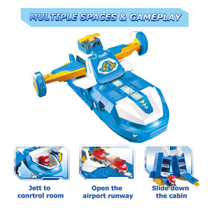 Super Wings 3-in-1 World Aircraft transforming robot with light and sound effects, featuring a 2'' transformable robot Jett. Transformable toy for girls and boys aged 3 and up, in blue.