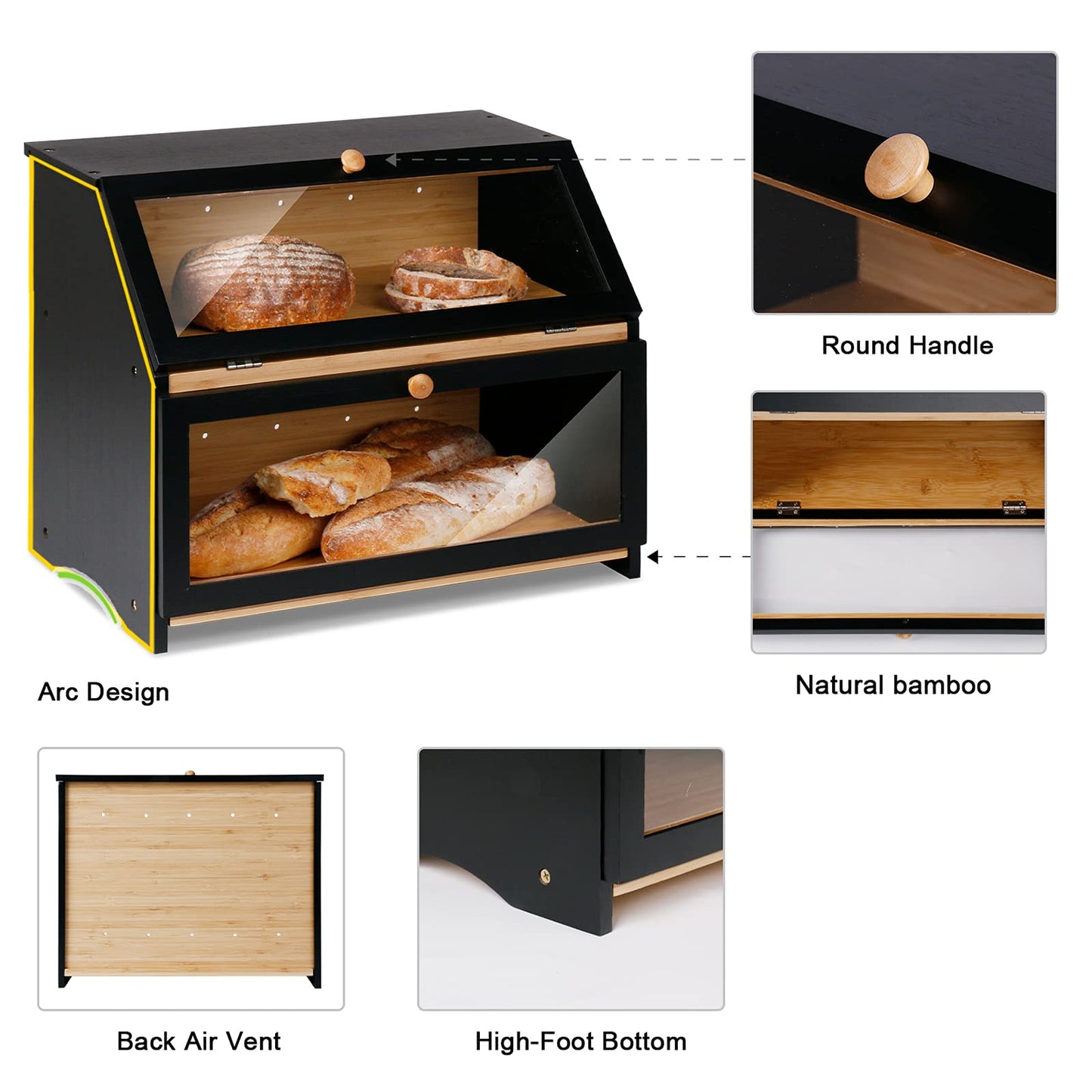 Leader Accessories Bamboo Bread Box 2 Tier Bread Container food safe Bread Storage easy to clean 39x25x32cm Black