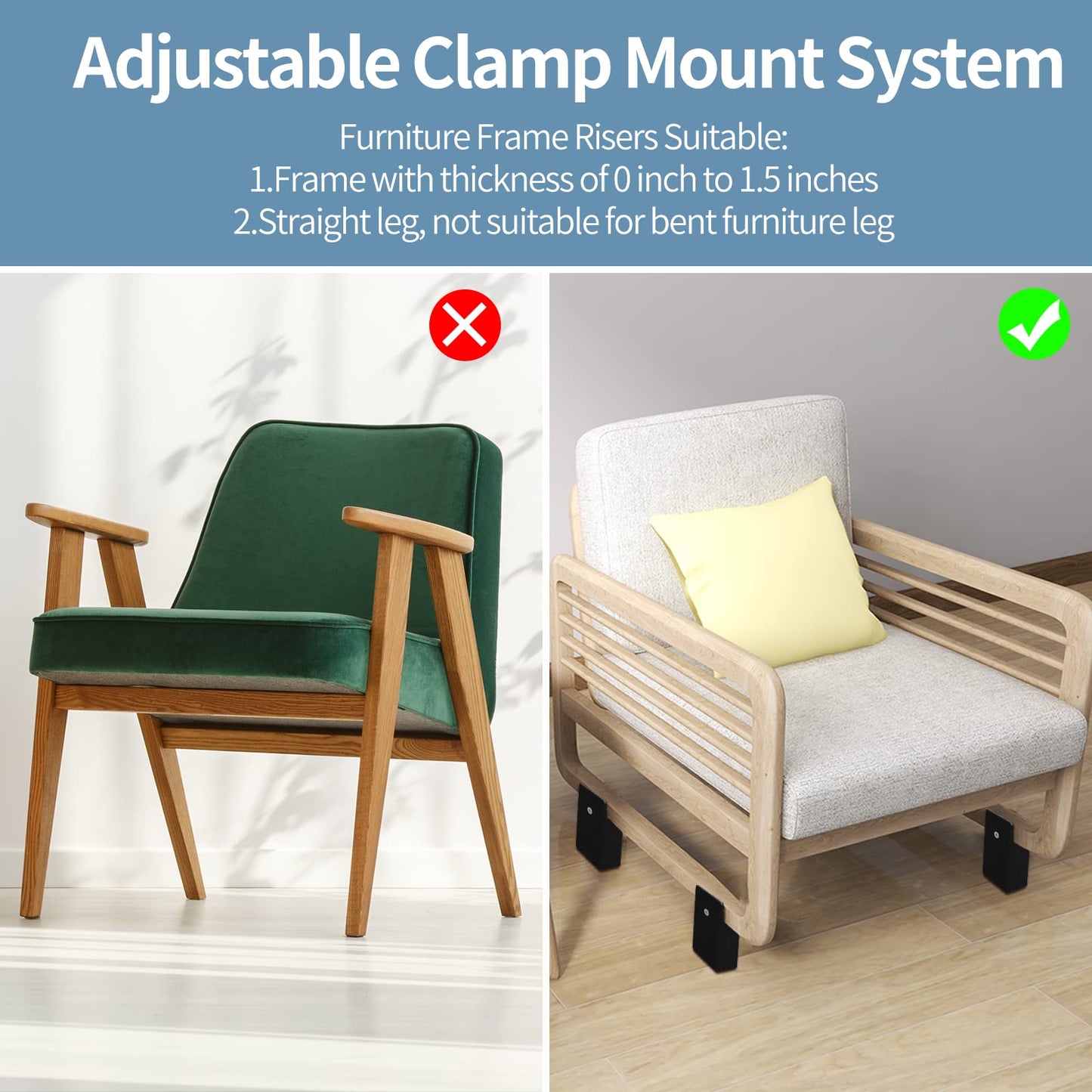 Ezprotekt Adjustable Bed Risers with Screw Clamp, 4"/10.2 cm Height, Durable Sofa Tables, fits square/round chair leg diameters of 0-3.8 cm, supports 20,000 lbs brown