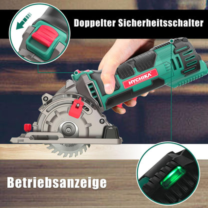 HYCHIKA Mini Circular Saw, Hand Saw with 3 Blades, Scale Ruler, 500W Pure Copper Motor, 4500RPM, Ideal for Wood, Soft Metal, Tile, and Plastic Cuts.