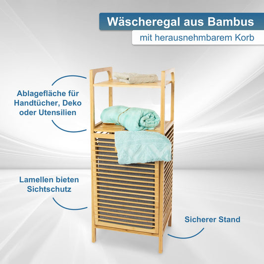 osoltus Edge laundry sorter - Bamboo bathroom shelf with foldable laundry basket - laundry cabinet - bathroom organizer - laundry sorting system - 40x30x90 cm