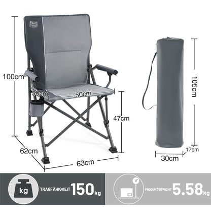 TIMBER RIDGE folding camping chair with high backrest, 150kg capacity, portable with drink holder, sturdy armrest. Perfect for picnics, garden, balcony, and sports events.