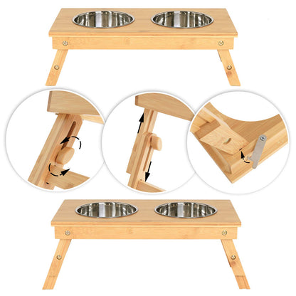 Lionto adjustable dog bowl made of durable bamboo, 45x23 cm, height 14.5-18.5 cm, double feeding bowl for dogs & cats, 2 dishwasher-safe stainless steel bowls with a capacity of 15 cm in diameter and 700ml each.