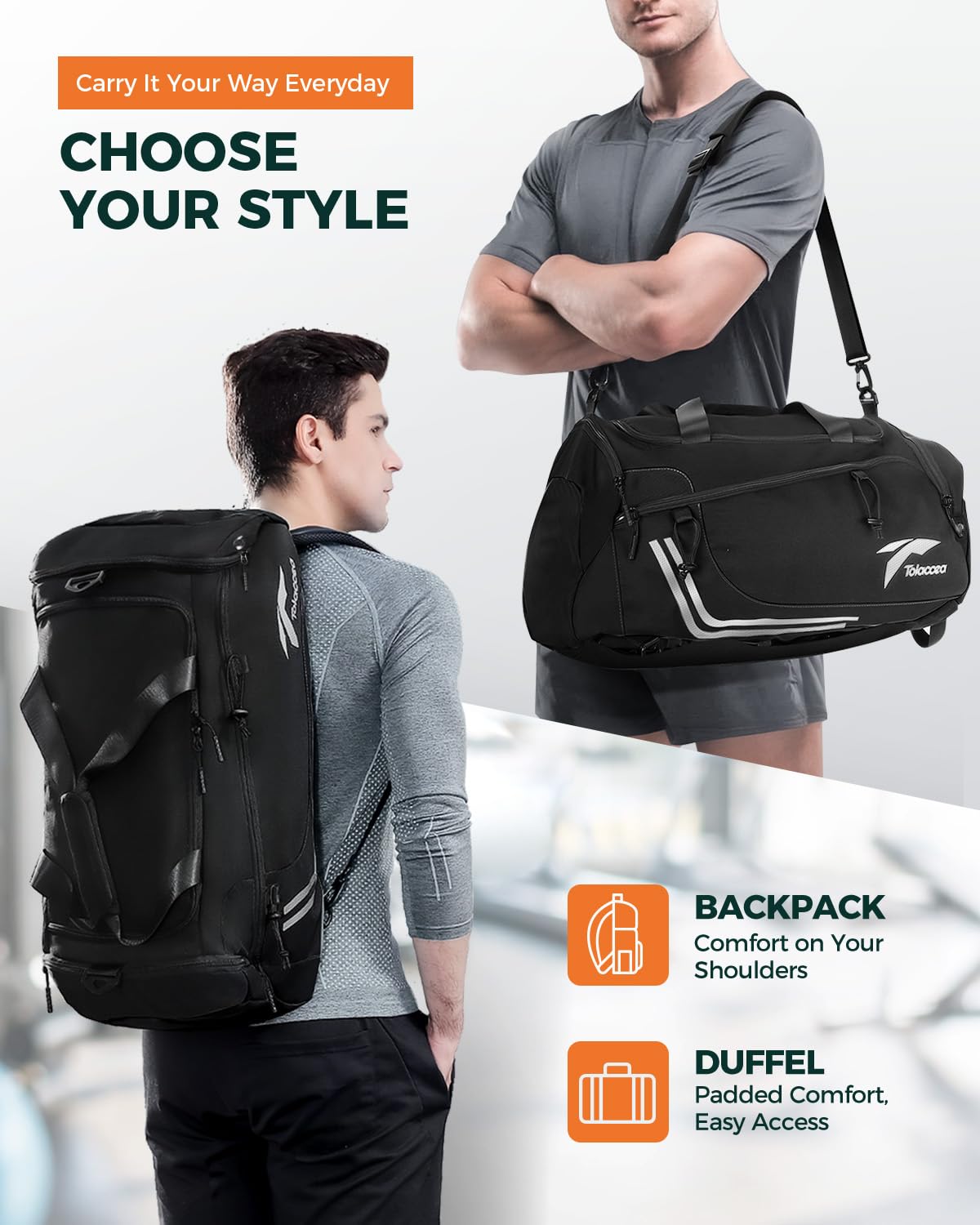 Tolaccea sports bag for men with backpack function, large 45L sports backpack with shoe compartment and wet compartment, women's duffel bag for gym, sauna, soccer, swimming, and gym (black).