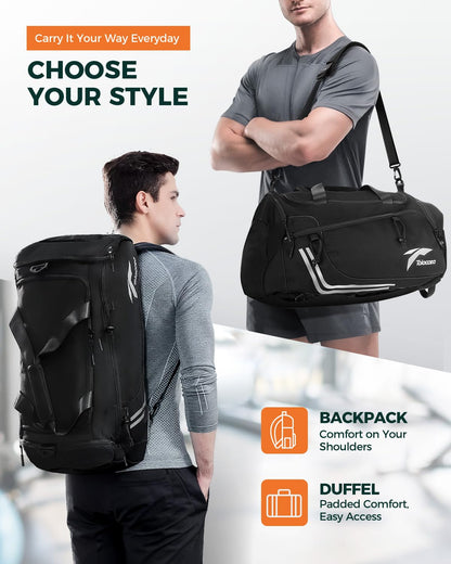 Tolaccea sports bag for men with backpack function, large 45L sports backpack with shoe compartment and wet compartment, women's duffel bag for gym, sauna, soccer, swimming, and gym (black).