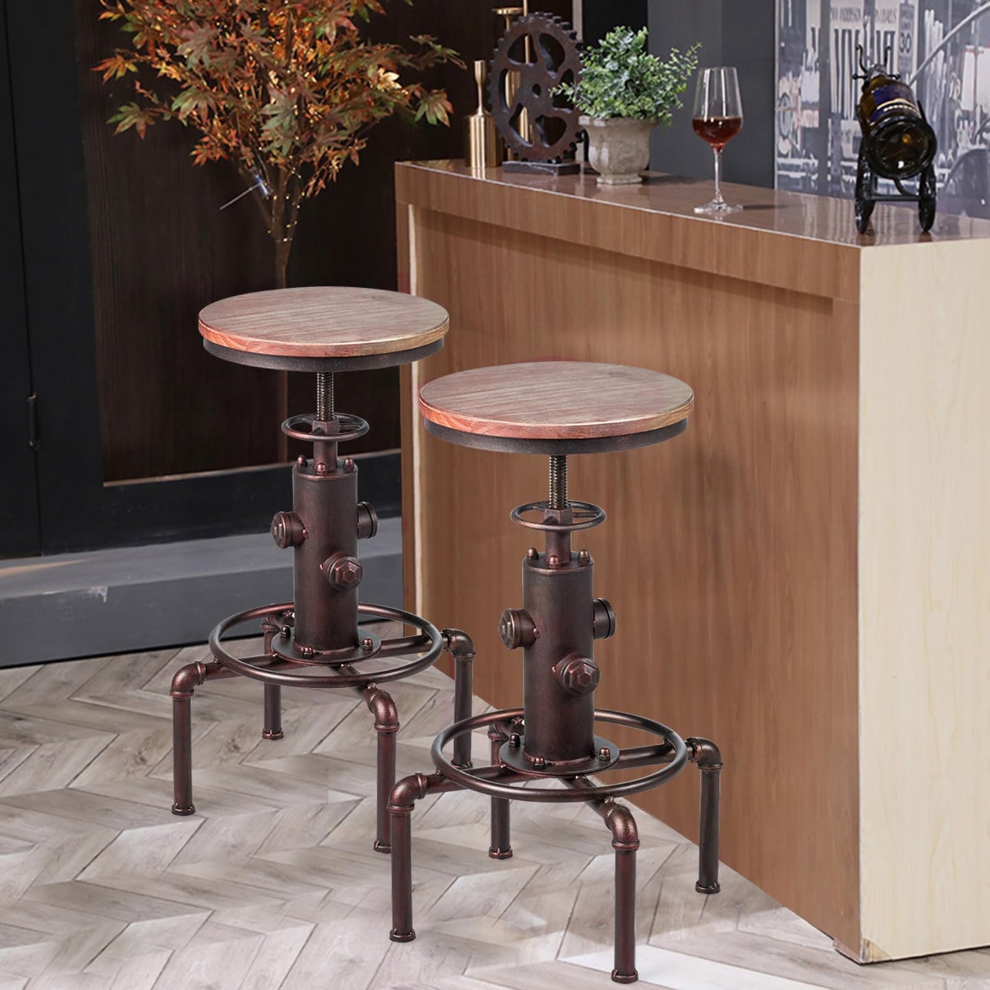 COSTWAY bar stool adjustable height, 59.5-75 cm, wooden and metal bar chair, counter stool with footrest, pine wood seat, vintage bistro stool, industrial kitchen stool for restaurants, cafes.